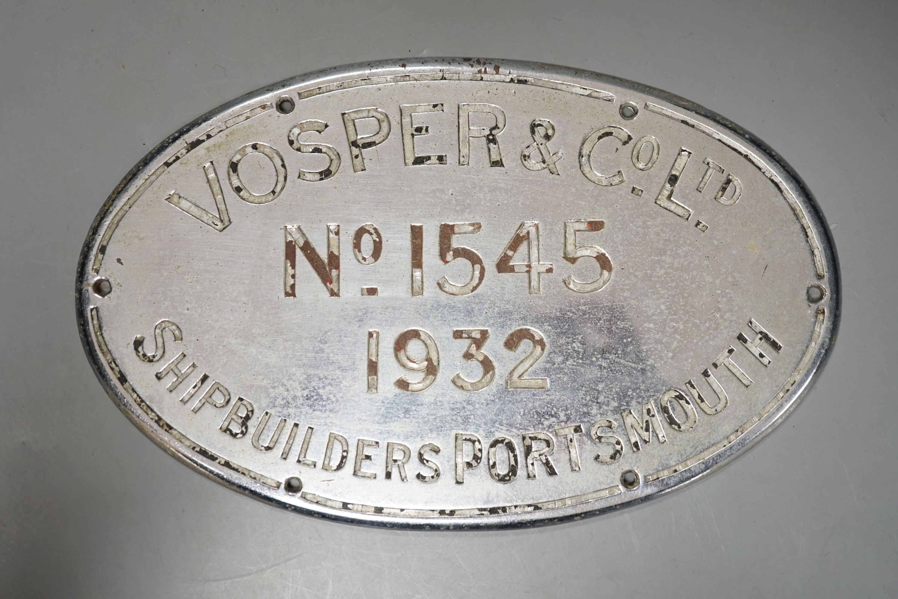 A Vosper & Co. Ltd. Oval shipbuilders chrome plaque, 1932, 21cm.